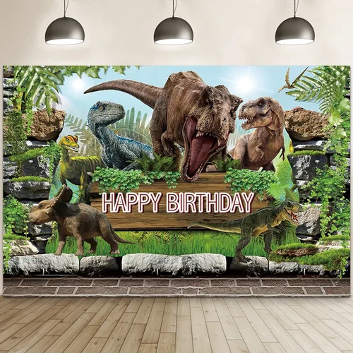 Fondo de dinosaurio de feliz cumpleaños, imagen de decoración de fiesta de bosque, fondo de póster de dinosaurio, foto de jungla para Baby Shower