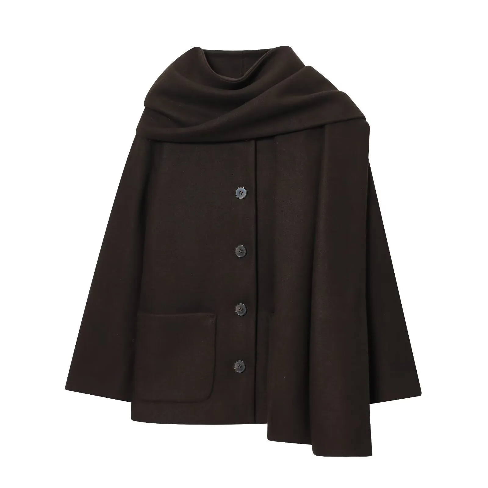 Women's Elegant Pocket Jacket Autumn Winter Fashionable Design Warm Solid Color Outwear Detachable Scarf Street Style Coat