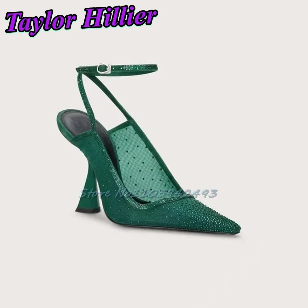

Breathable Air Mesh Heels Pointed Toe Heeled Sandals Solid Rhinestones Design Shoes Women Strange Style Sandalias Buckle Strap