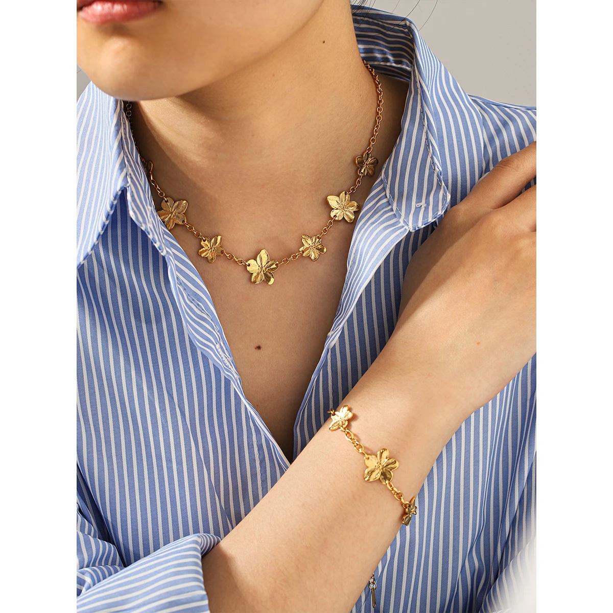 

Flower Chain Jewelry Set For Women 18K Gold Plated 316L Stainless Steel Necklace Bracelet Layerable Summer Party Fashion Gift