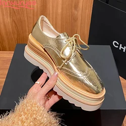 Lanxuryee Cow Leather Classics Platforms Autumn Casual Sneakers Wedges High Heels Lace Up Brand Comfort Women Vulcanized Shoes