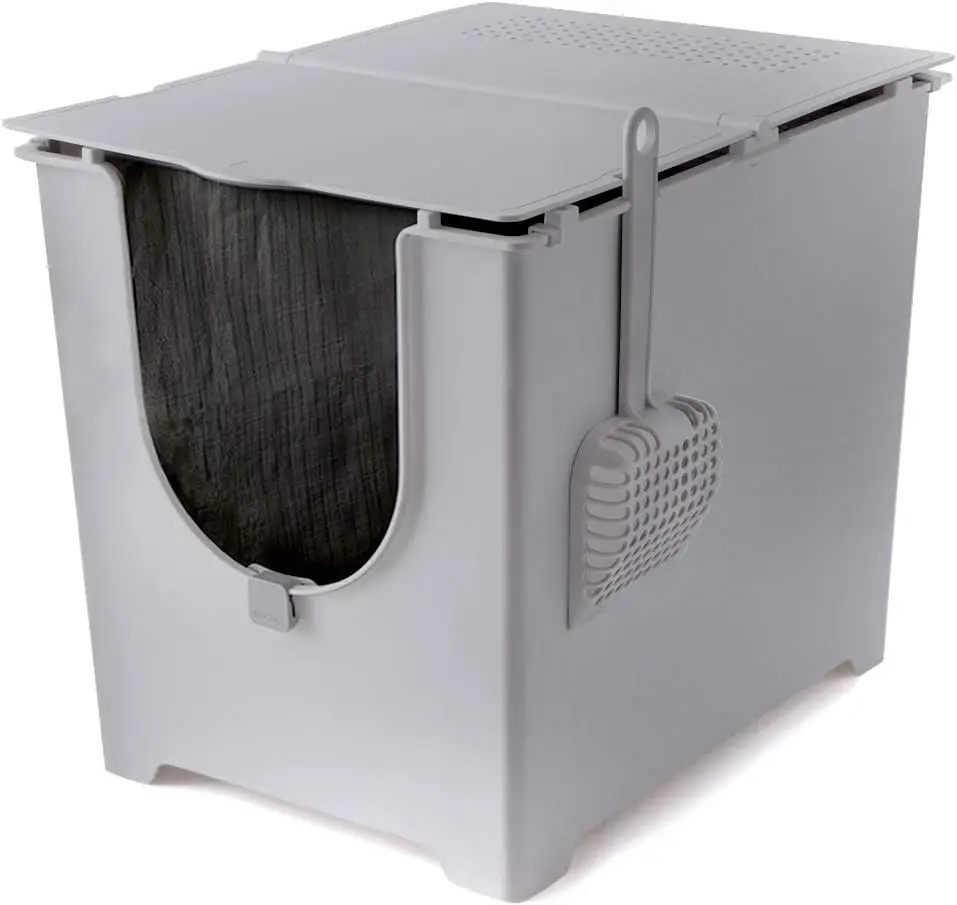 Flipped cat litter box including spoon and reusable lining - gray