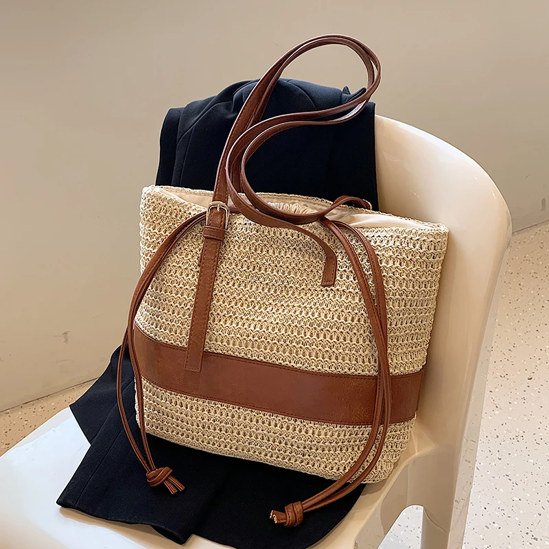 Summer Straw Bag For Women Woven Handmade Handbag Large Capacity Lady Tote Vacation Beach Bag Rattan Shoulder Bag splicing Totes