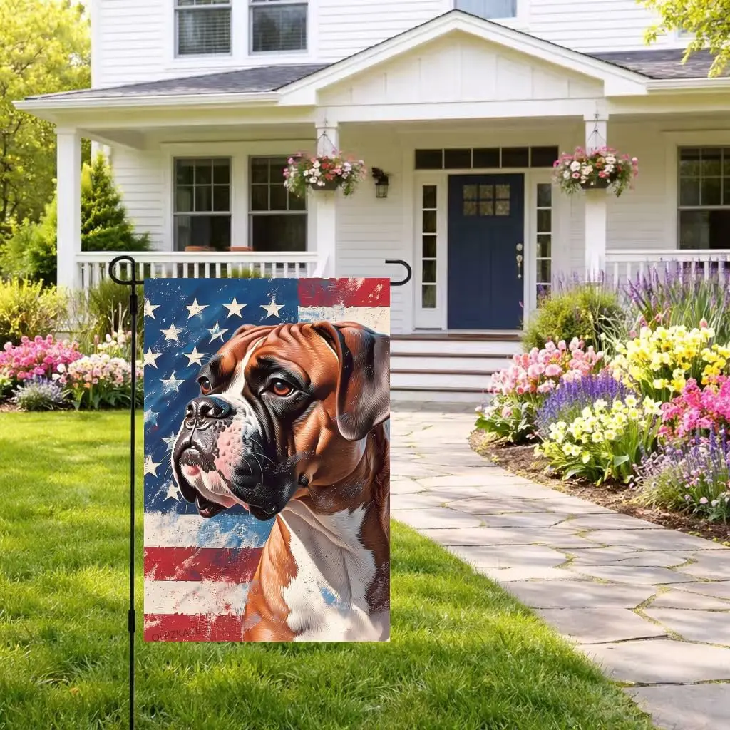 Boxer Dog Garden Flag Decorative Yard Flag 12x18 Inch Use Linen Material Double Sided Design July 4th Independence Day PPZ