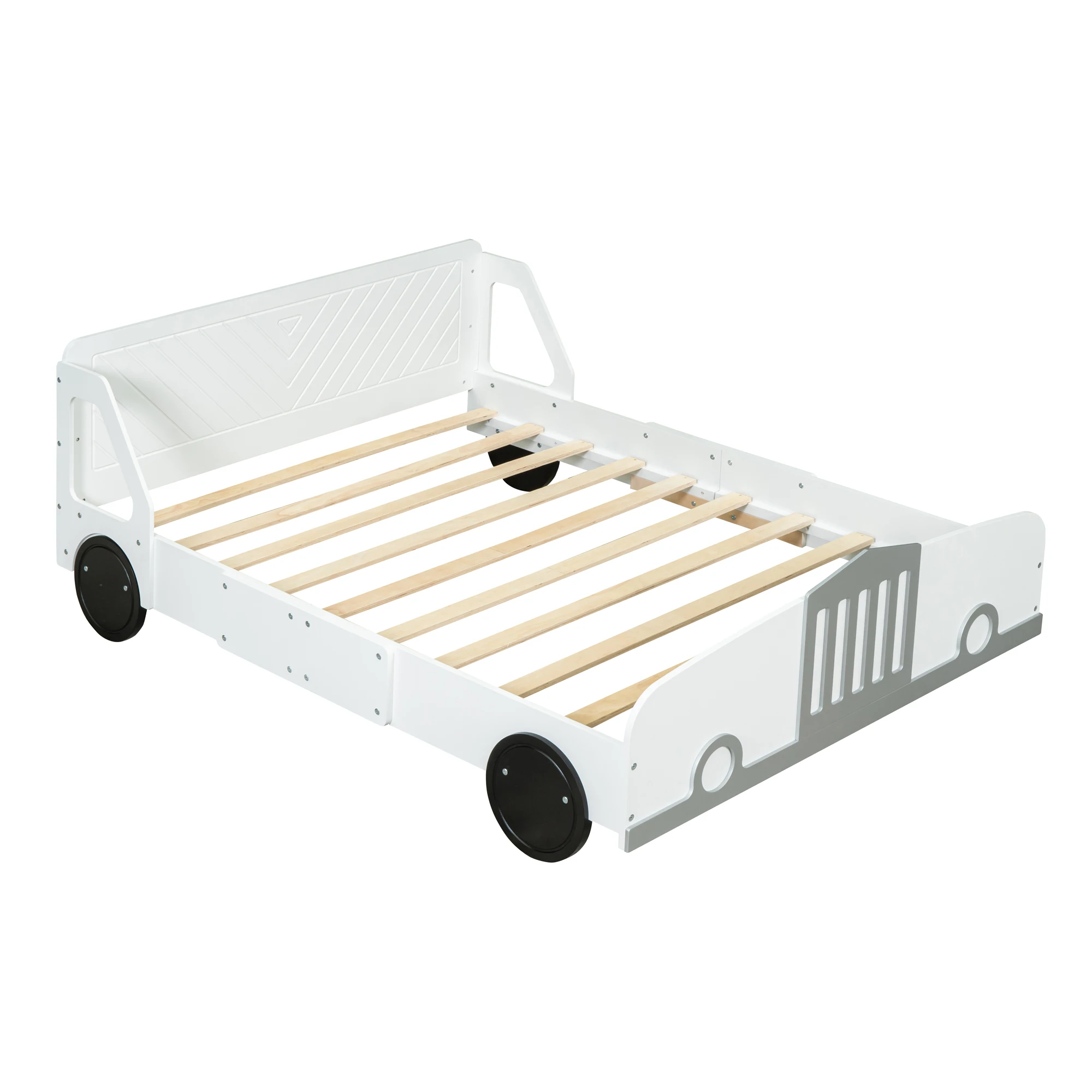 Car Shaped Platform Bed with Wheels Headboard Footboard Sturdy Slat Support No Box Spring Needed Wooden Kids Bed Frame