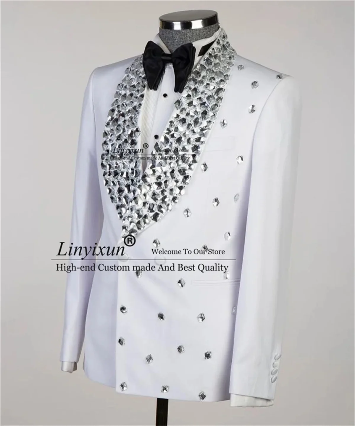 Luxury Crystal Men Suits Beaded Lapel Wedding Groom Tuxedos 2 Pieces Sets Male Prom Blazers Slim trajes elegante para hombres