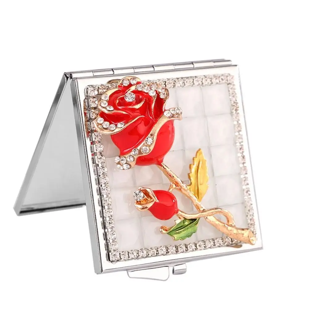 Make-up-Spiegel, Metall, quadratischer Spiegel, Strass-Dekor, Rose, exquisiter Spiegel, Schleife, Kristall, Taschenspiegel für Damen