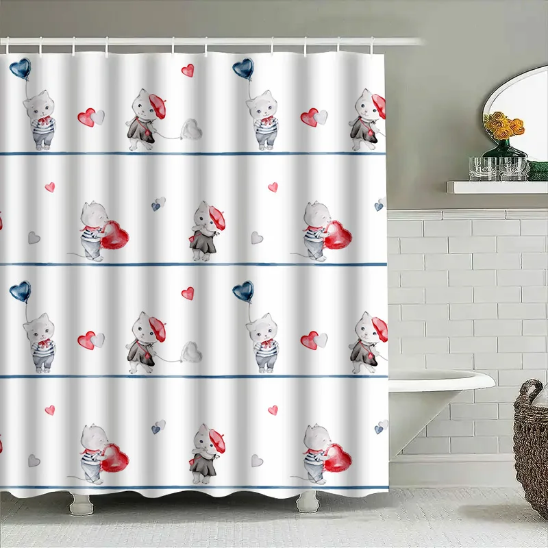 

Набор занавесок для душа с акварельным котом, романтический декор для ванны ко Дню святого Валентина, дизайн с красным и синим сердечком для ванной комнаты