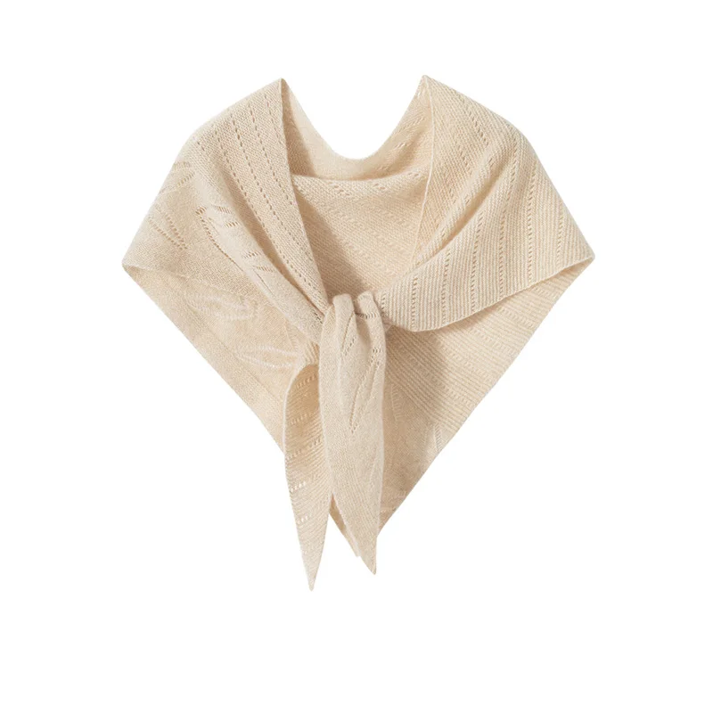 100% Cashmere  Women Knitted Hollow Out Triangle Scarf Autumn Winter Warm Solid Color Soft-Brushed Shawls Outdoor Warm Scarf