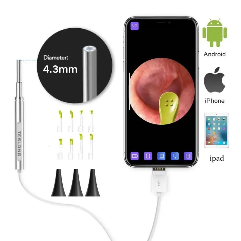 otoscopio medico digital com lente de 43 mm camera endoscopica para limpeza de ouvido remocao visual de cera de ouvido boca nariz inspecao android pc 01