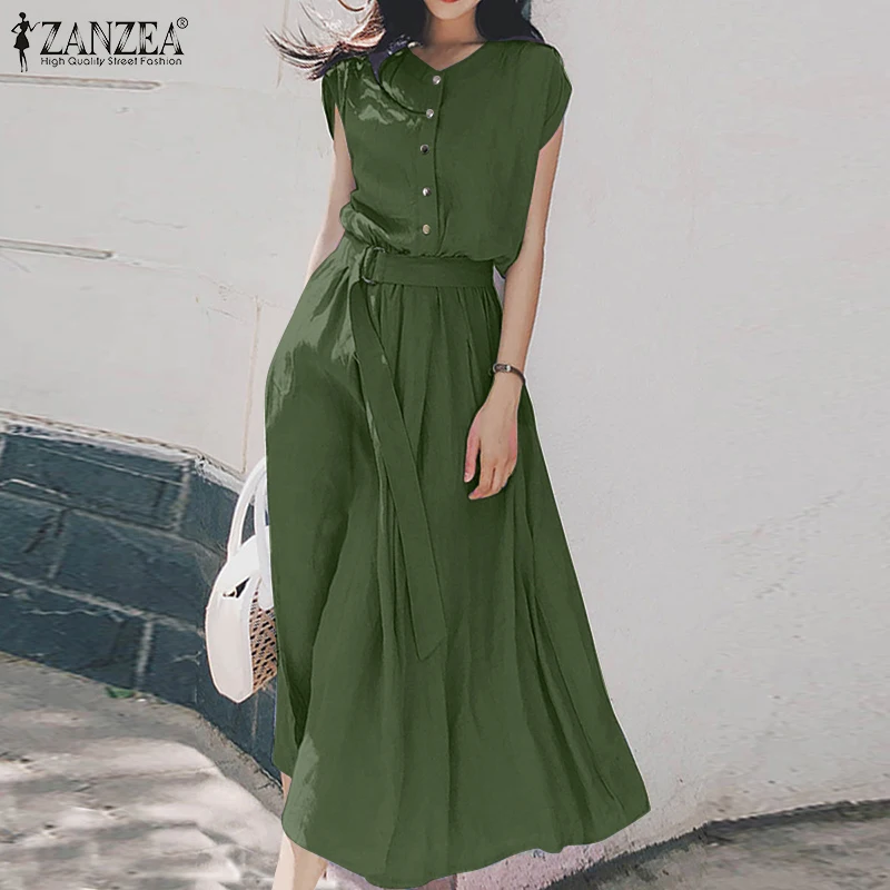 Damen Sommerkleider, lässig, lang, O-Ausschnitt, kurze Ärmel, halb geknöpft, mit Gürtel, A-Linien-Kleid, ZANZEA, minimalistische, geknitterte Roben für Damen
