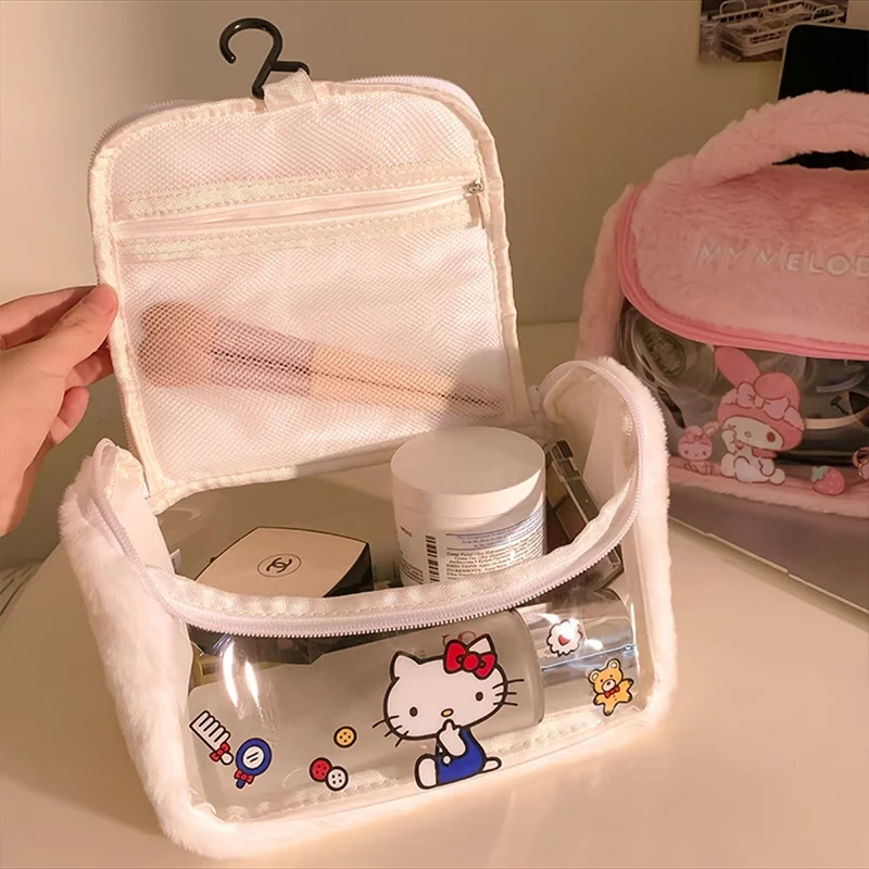 Bonito sanrio olá kitty saco de maquiagem figura dos desenhos animados melodia kuromi viagem portátil saco de armazenamento de cosméticos presentes de pelúcia meninas