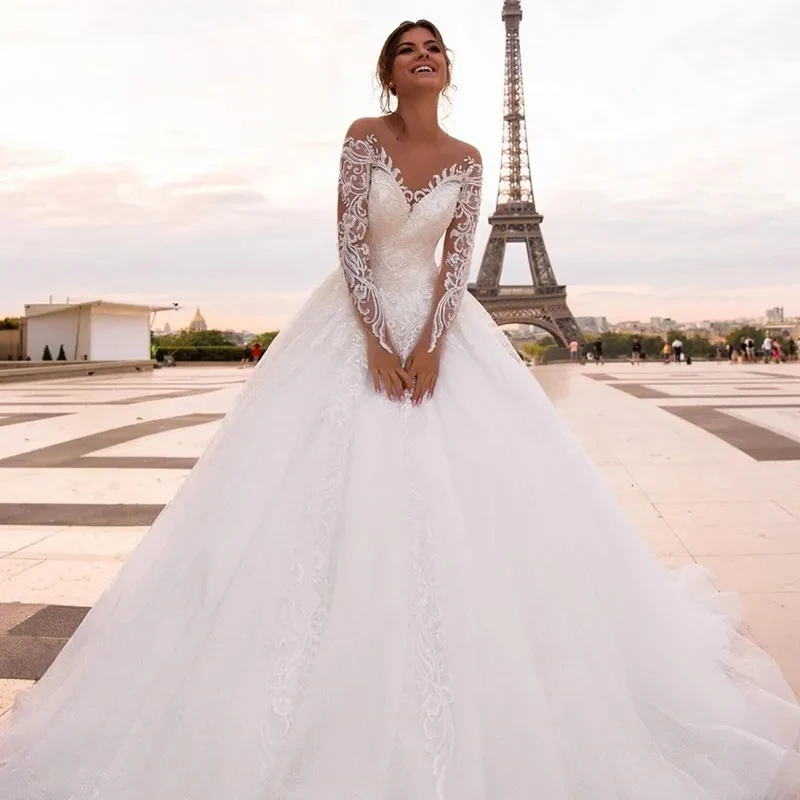 

Customized Elegant Wedding Dress Appliques Vestido De Noiva Princess Sweetheart Full Sleeve Backless Vestidos De Novia