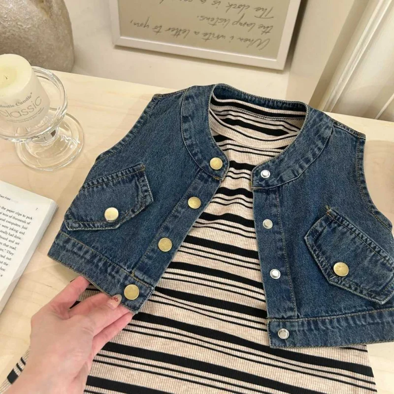 

Baby Girl Summer Fashionable Outfit New Children's Stylish Denim Vest Korean Style Dress Two-Piece Set