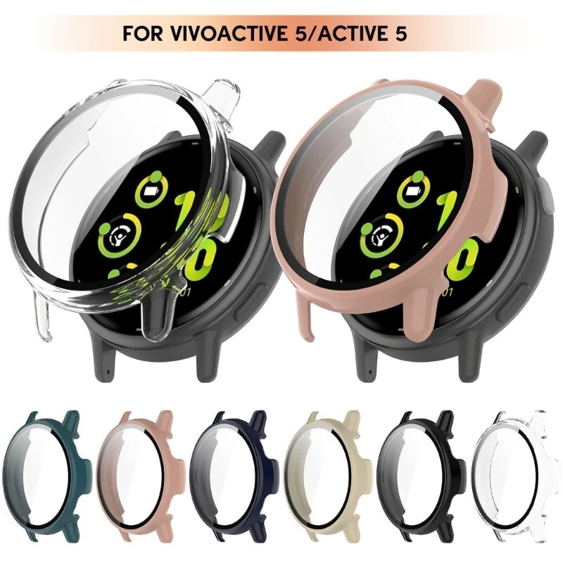1pc Film kaca Tempered + Case Pelindung layar cakupan penuh penutup antigores Shell Watch Housing untuk Vivoactive 5 Active 5