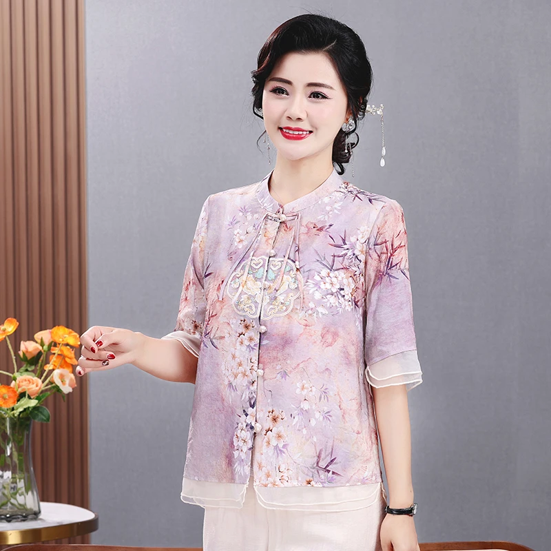 Women\'s Chiffon Summer Blouse Plus Size Shirt T-shirt Retro Pattern Lapel Half Sleeve Top Women\'s 2024 New Clothing