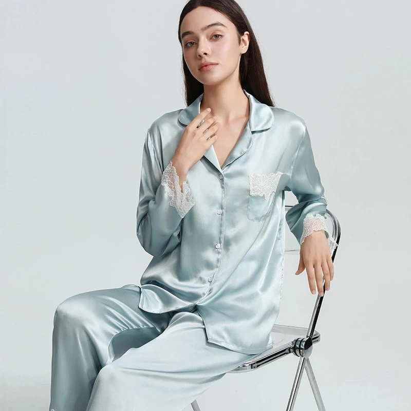 

Брючный костюм с длинными рукавами из 100% тутового шелка с кружевной отделкой 22 мм, однотонная женская одежда для сна, повседневная пижама с лацканами