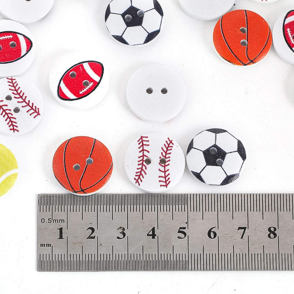 20Pcs Wooden 2 Holes Buttons Creative Painting Basketball Soccer Rugby Pattern DIY Crafts Scrapbooking for Sewing Accessories