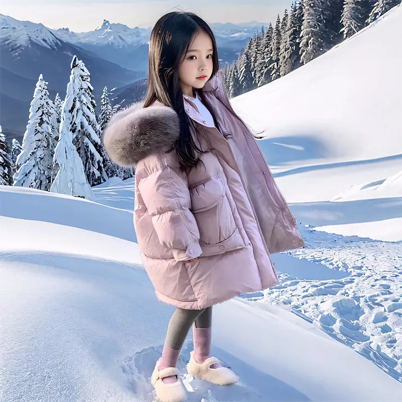 

Winter Warm Girls Long Plain Lavender Fur Hooded Zip Puffer Jacket School Kid Thick Snow Coat Children Outfit Windbreaker 3-14Yr