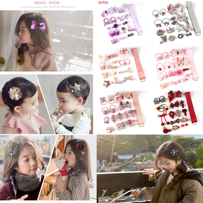 18 Pcs hair clip set Cute Hair Accessories Girl cartoon hair clip headwear Bow Flower animal Hairpin hair ring Elastic Headdress