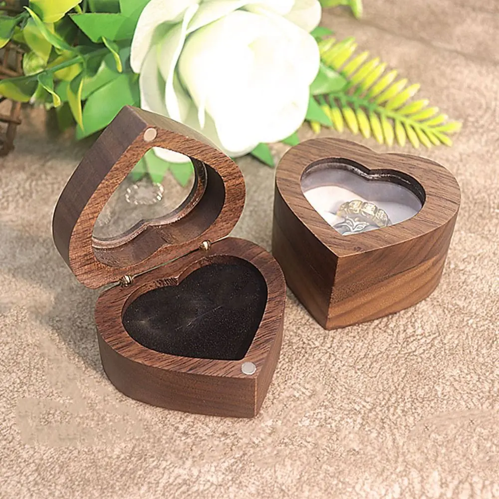 2 Slots Herz Ringe Halter Transparente Abdeckung Hochzeit Walnuss Holz Ringe Box Lagerung Vorschlag Ringe Träger Box Vorschlag