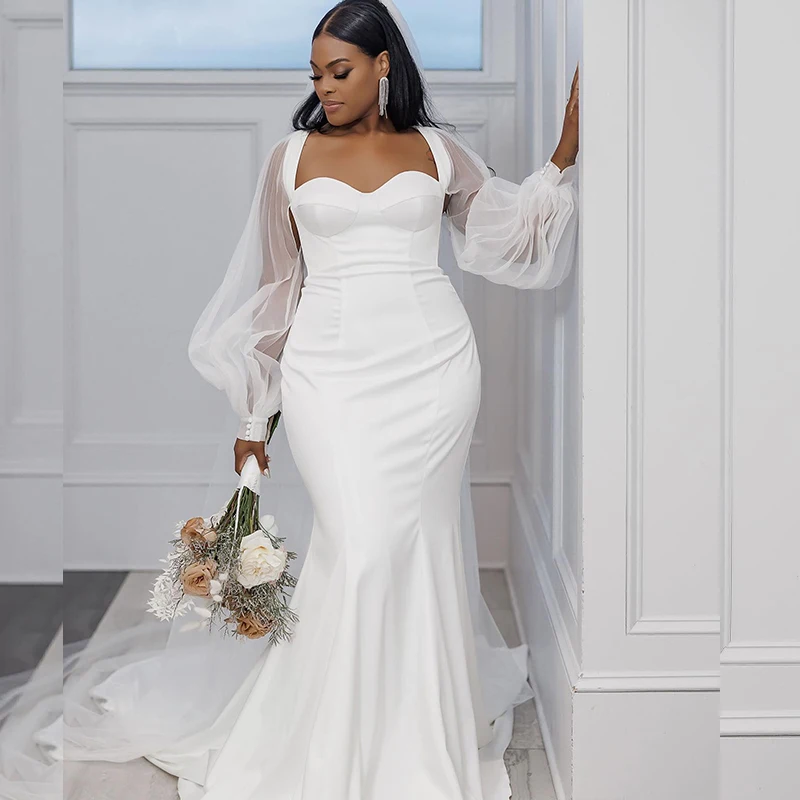 Vestidos de novia de sirena blancos simples para novia, dulce Corazón, manga larga, tren de barrido, vestidos de novia de Nigeria, vestido de recepción