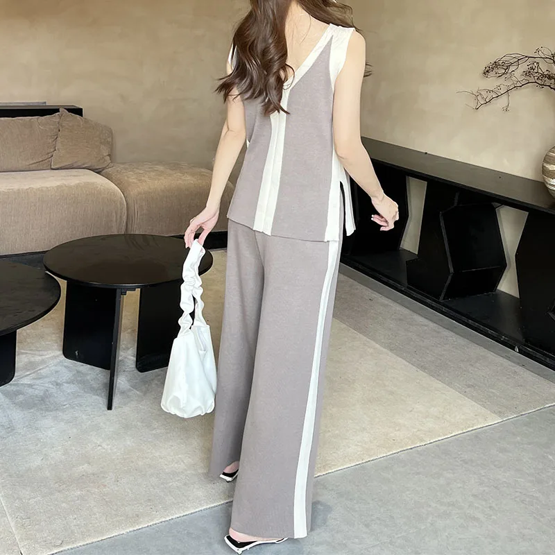 Women 2024 Summer New Contrast Color V-neck Tank Top Elastic Band Wide Leg Pants Two Piece Set Thin Split Elegant Knit Loose Set