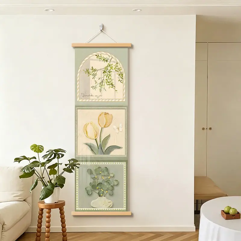 Wall Art Morning Light Floral Panels Pearlescent Canvas Hanging Scroll with Wooden Rods for Hallway Electrical Box Cover