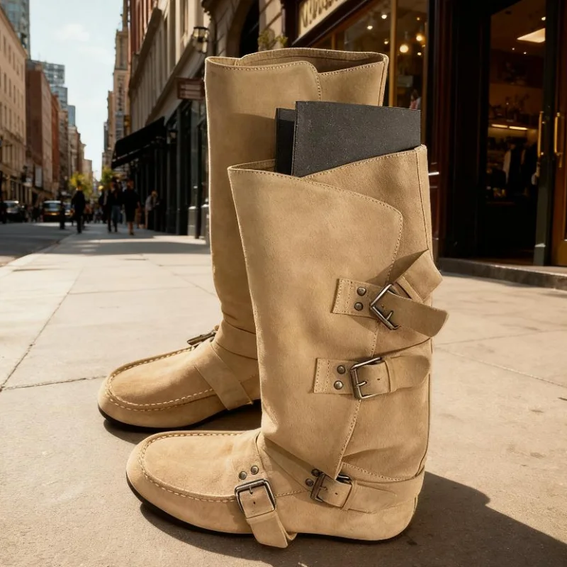 

Замшевые ботинки из нубука с пряжкой на ремне, брендовый модный дизайн, ботильоны в стиле вестерн, женские байкерские ботинки в стиле ретро, ботинки до середины икры, увеличивающие рост