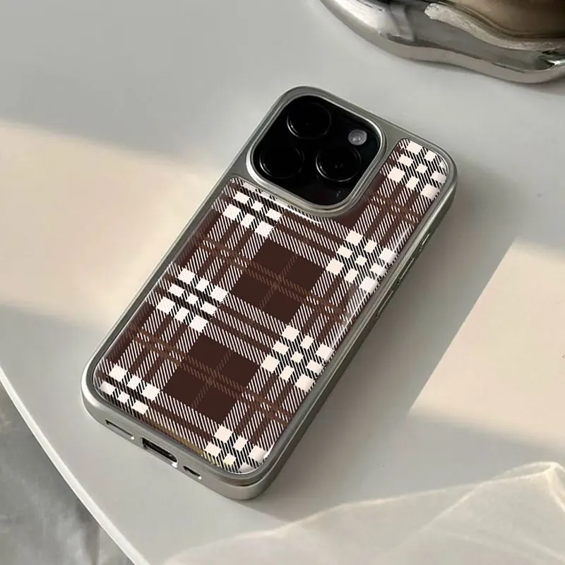 メイラード風チェック柄iPhone11/12/13/14/15/16/17 Pro Max AIR PLUS用エポキシ樹脂製TPU耐衝撃スマホケース