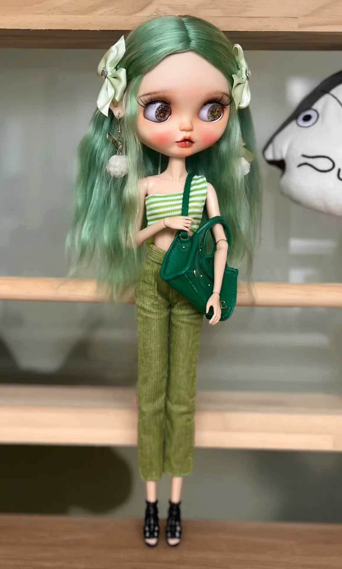 Dula Doll Wigs for Blythe Qbaby natural Fresh green Mohair Encrypted hair seams 9-10 inch head circumstance