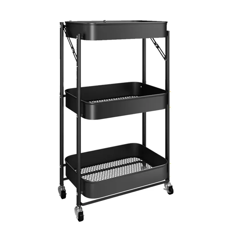 Dining Furniture 3-Tier Mobile Utility Nordic Folding Rack Easy Loading Home Metal Kitchen Storage Trolley