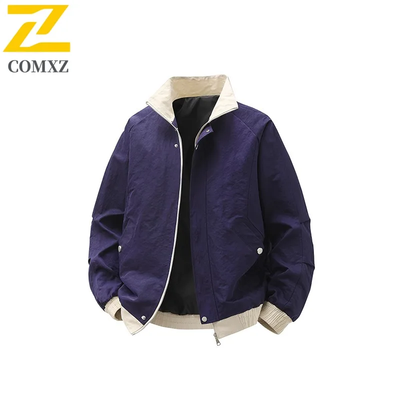 COMXZ Men Windbreaker Jacket Waterproof Stand Collar Outdoor Hiking Color Block Camping Jackets 2025 Walking Comfortable Coat
