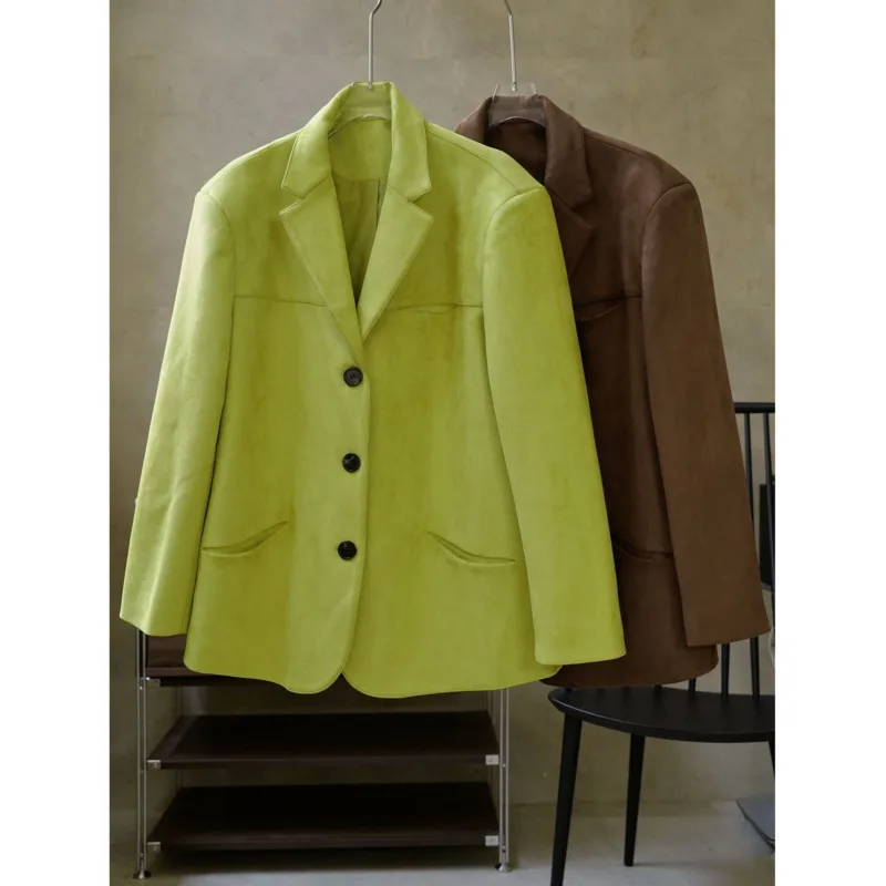 Traje Vintage de ante con bolsillo curvo para mujer, chaqueta recta holgada con cuello de solapa, abrigo de botonadura única, Invierno