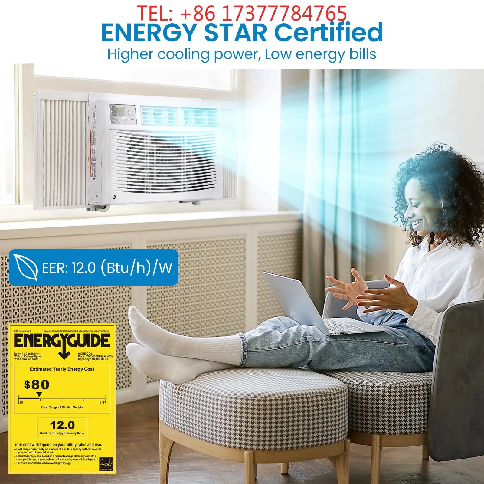 10000 BTU Smart Window AC, Energy Efficient Quiet Air Conditioner with Dehumidifier & 24 H Timer