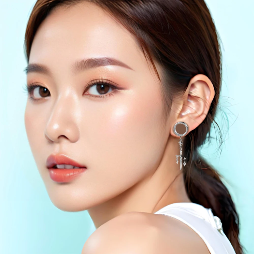 2PCS Stainless Steel Trident Eyes Dangle Ear Gauges Flash Film Screw On Ear Tunnle Plugs Expander for Stretcher Piercing Jewelry