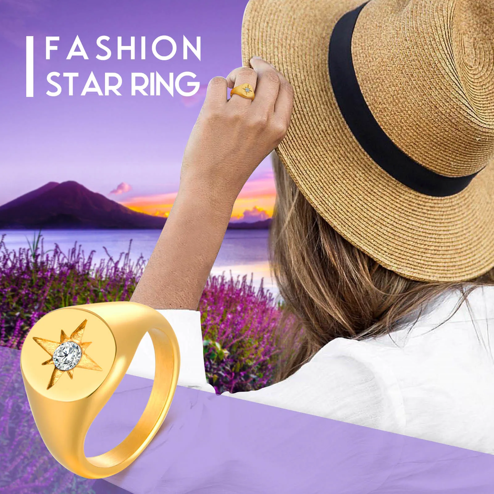 Women Star Signet Rings, Gold Color Solid Stainless Steel Round Top Finger Band, AAA CZ Stone Star Girl Anel