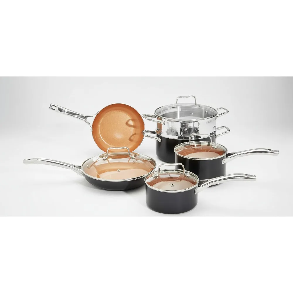 

Набор керамической посуды с антипригарным покрытием, 10 предметов, равномерный нагрев, безопасный для духовки и посудомоечной машины, медный цвет