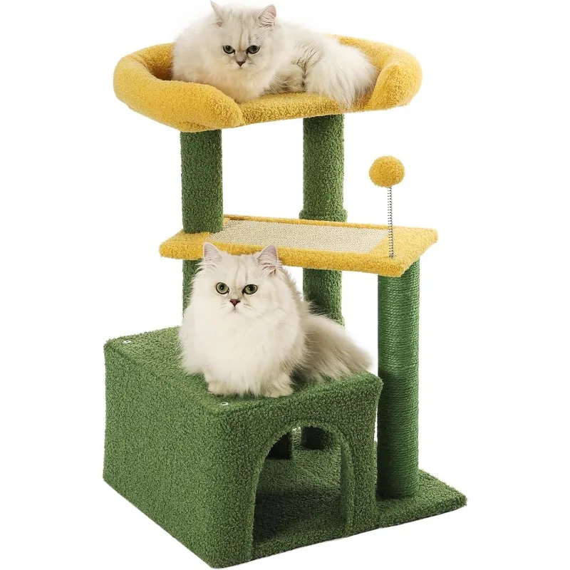 

Small Cat Tower for Indoors Cats, Cute Wood Kitty Condo with Scratching Post and Pad, 29" Multi-Level Modern Activity Climbing