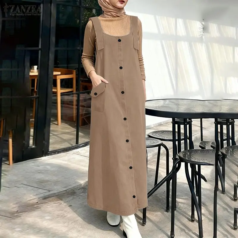 

ZANZEA Рамаданский кафтан, мусульманское платье-абайя, весна 2026, женский комбинезон без рукавов, модный летний сарафан, хиджаб, длинное платье