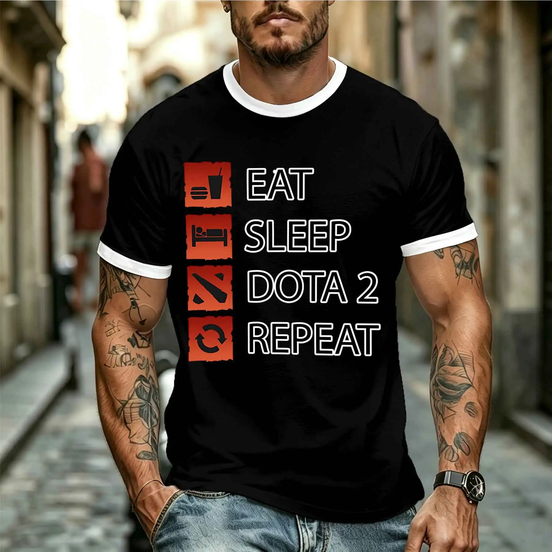 2026 new model Tee Stylish Comfortable Men's DOTA2 Themed T-Shirt Eat Sleep Dota 2 Repeat Fun Print Casual Short Sleeve Top Tee