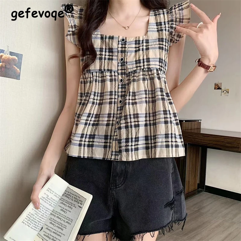 

Women Clothing 2024 Summer Trendy Vintage Plaid Ruffle Kawaii Short Sleeve Blouse Y2K Casual Square Collar Loose Sweet Chic Tops