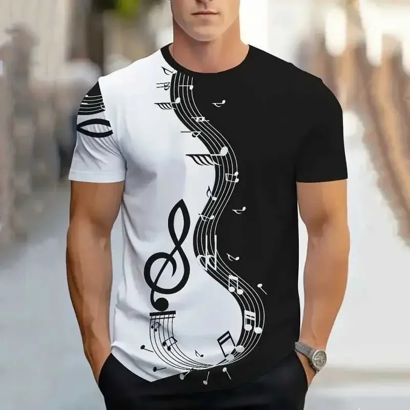 

Retro mens T-shirt 3D music notes mens daily casual short sleeved street designer T-shirt top loose oversized shirt clothing