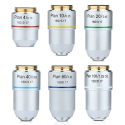 195 Plan Achromatic Objective lens 4X 10X 20X 40X 60X 100X Biological Microscope RMS Thread 160/0.17 195mm