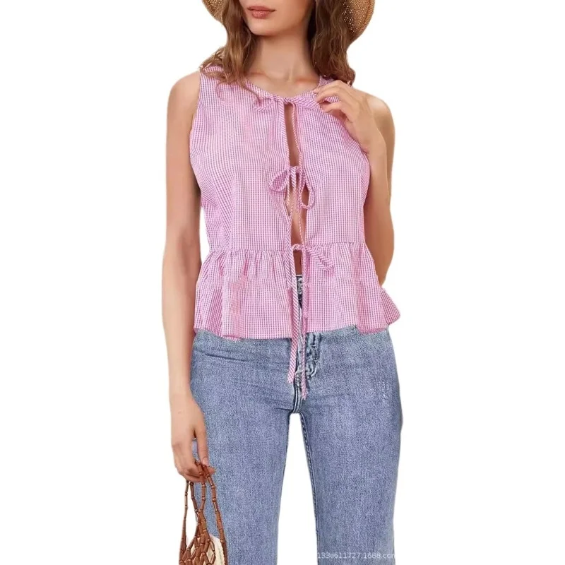 Summer Clothes Tank Top Women Elegant Striped Sleeveless Tie Up Cardigan Vest T Shirt Female Casual V-neck Tees Ladies Tshirts