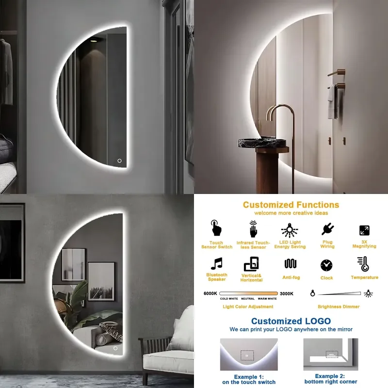 Modern Full Length LED Mirror Half Moon Wall Light with IP44 Backlight Large Bathroom Vanity Mirror Lamp