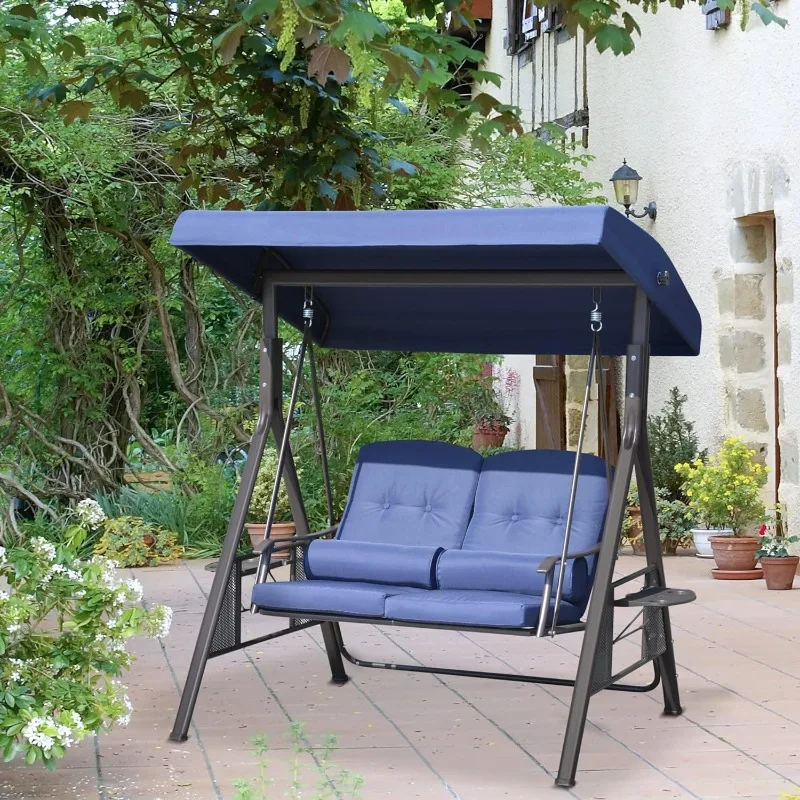 2-Person Patio Swing Bench with Adjustable Shade Canopy, Soft Cushions, Throw Pillows and Tray, Dark Blue