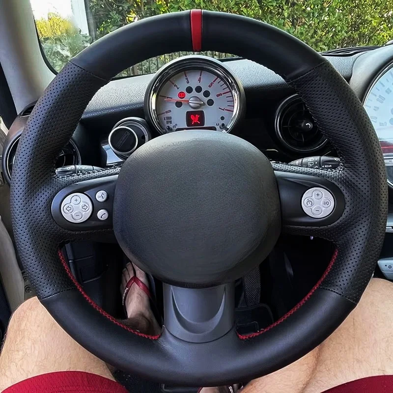 

Car Steering Wheel Cover Leather red strip Braids on Steering Wheel For Mini R56 R57 Hatchback Clubvan Convertible Coupe 3-Spoke