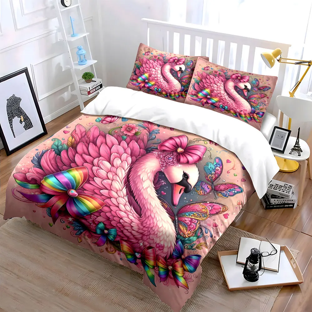 Pink swan with colorful decorations Print Soft Comfortable Duvet Cover Bedding Set Included 1*Duvet Cover 2*Pillowcases