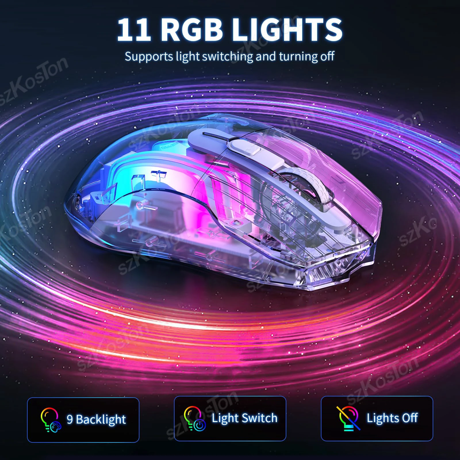 Bezprzewodowa mysz do gier Bluetooth 2.4G/USB-C 3 tryby ładowania światła RGB przezroczyste myszy ergonomiczna mysz do laptopa PC Mac